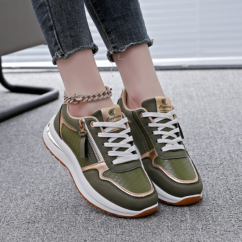Women Colorblocked Round Toe PU Leather Flat Platform Casual Sneakers