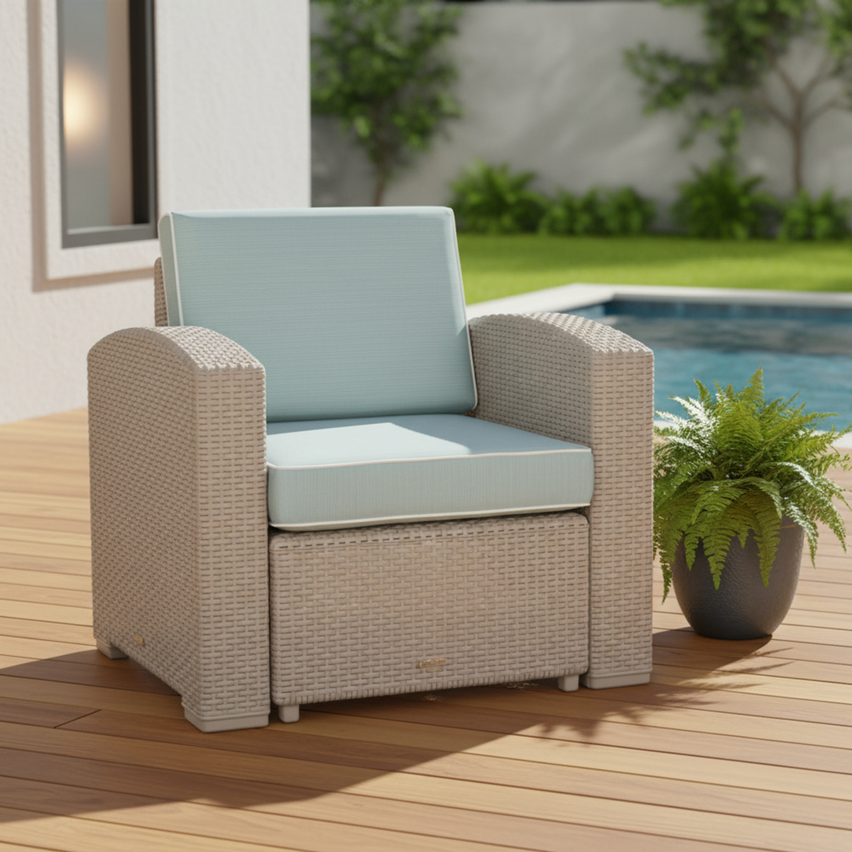 Heavy-Duty Plastic Outdoor Club Chair with Blue Cushion