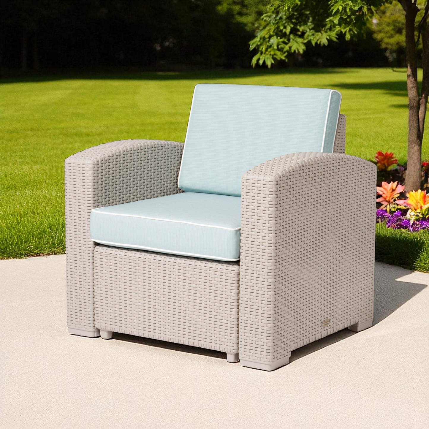 Heavy-Duty Plastic Outdoor Club Chair with Blue Cushion