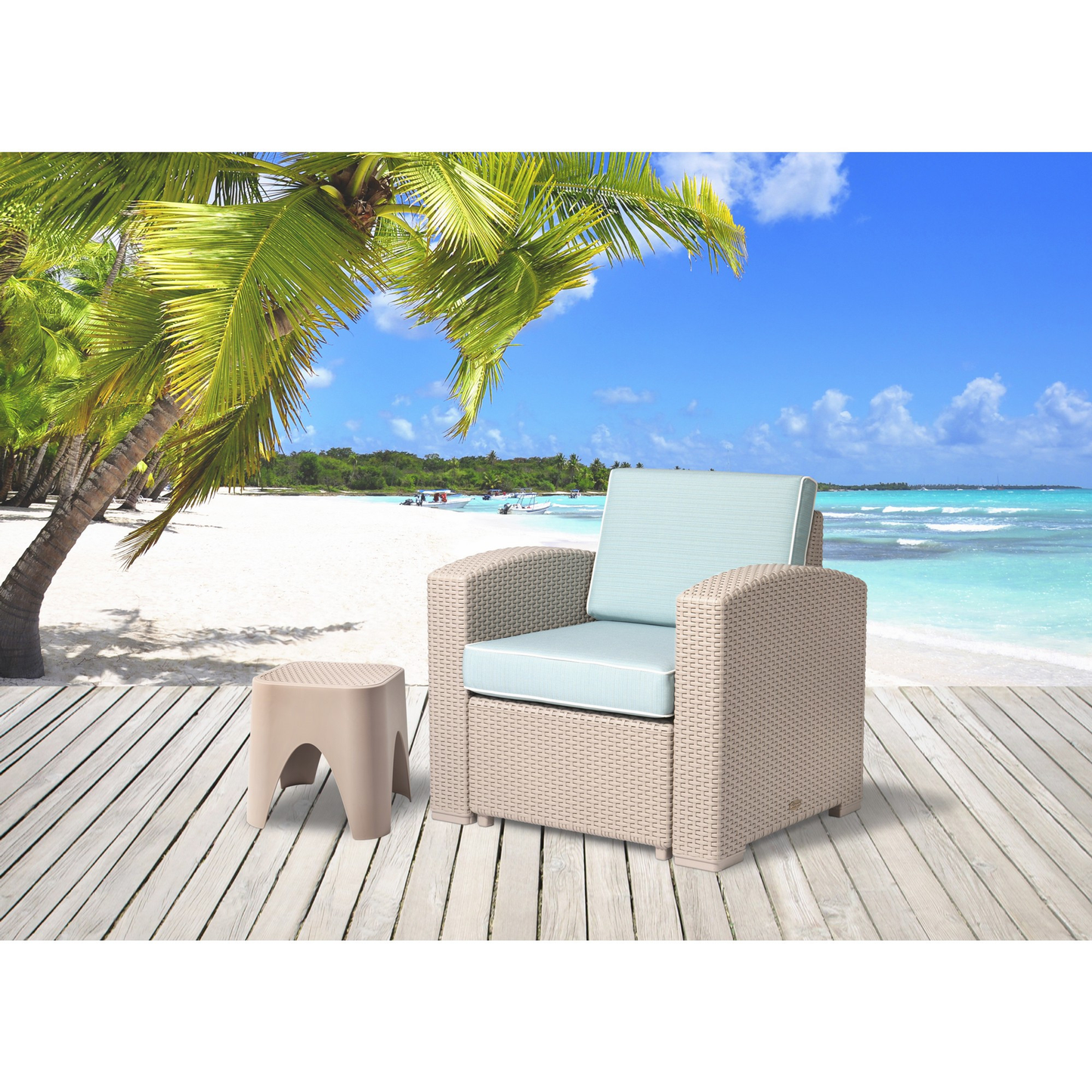 Heavy-Duty Plastic Outdoor Club Chair with Blue Cushion