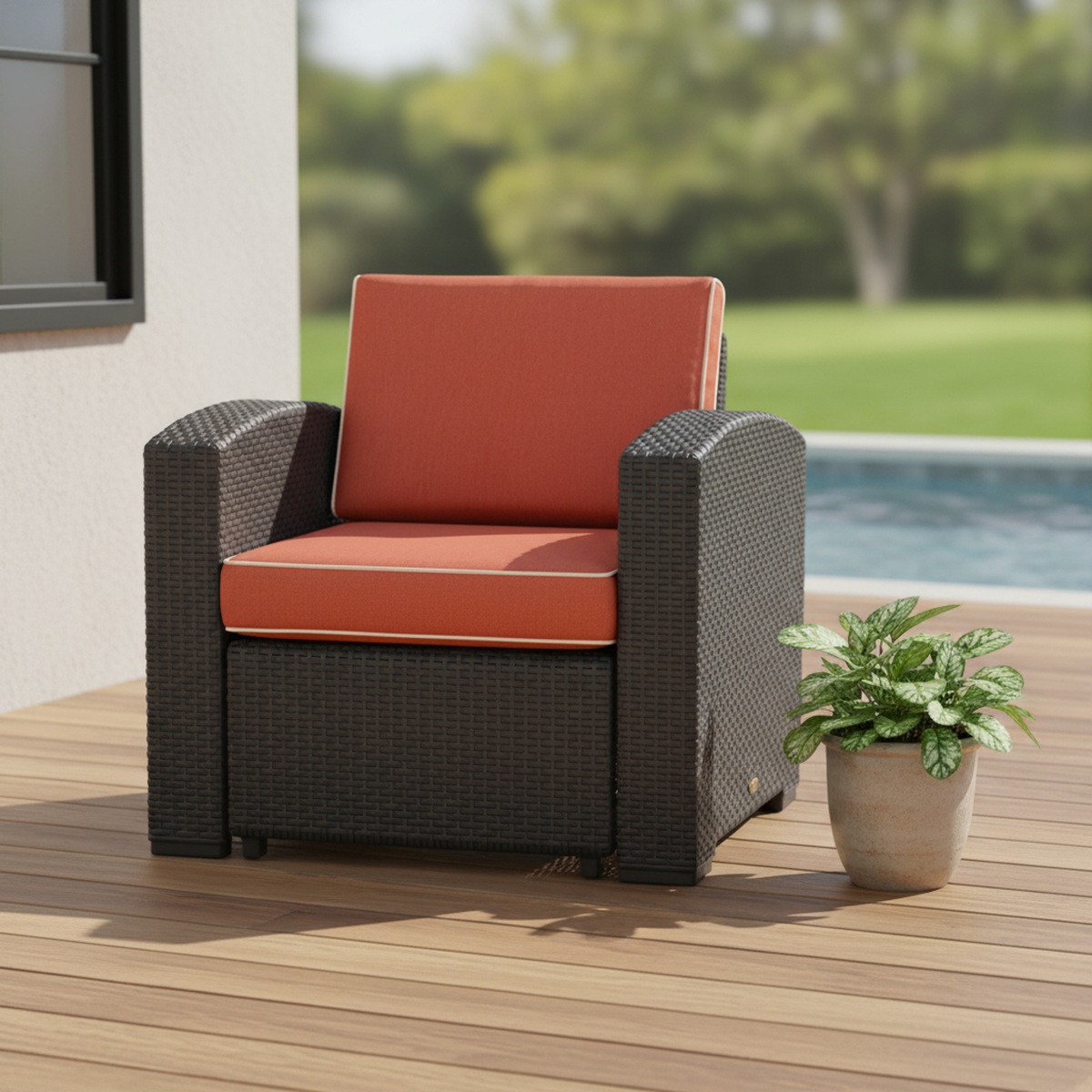 Heavy-Duty Plastic Outdoor Club Chair with Red Cushion