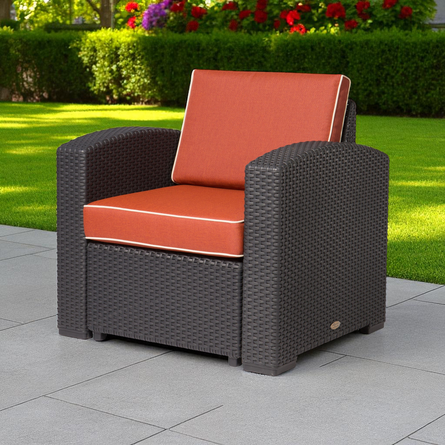 Heavy-Duty Plastic Outdoor Club Chair with Red Cushion