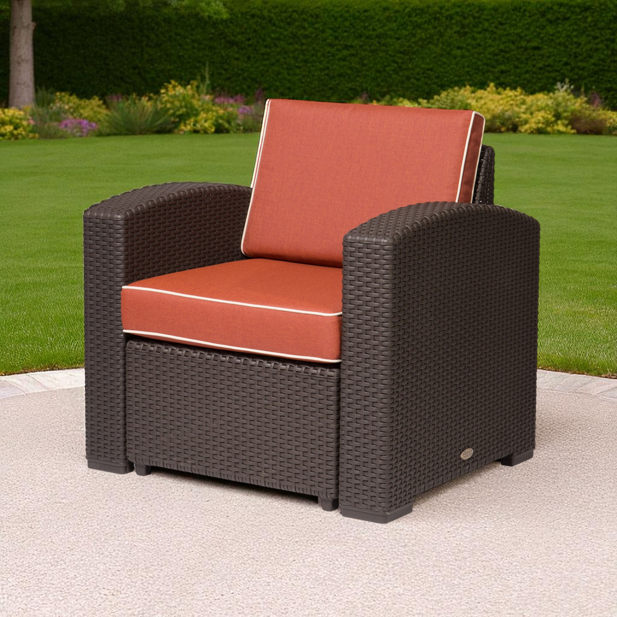 Heavy-Duty Plastic Outdoor Accent Chair with Red Cushion