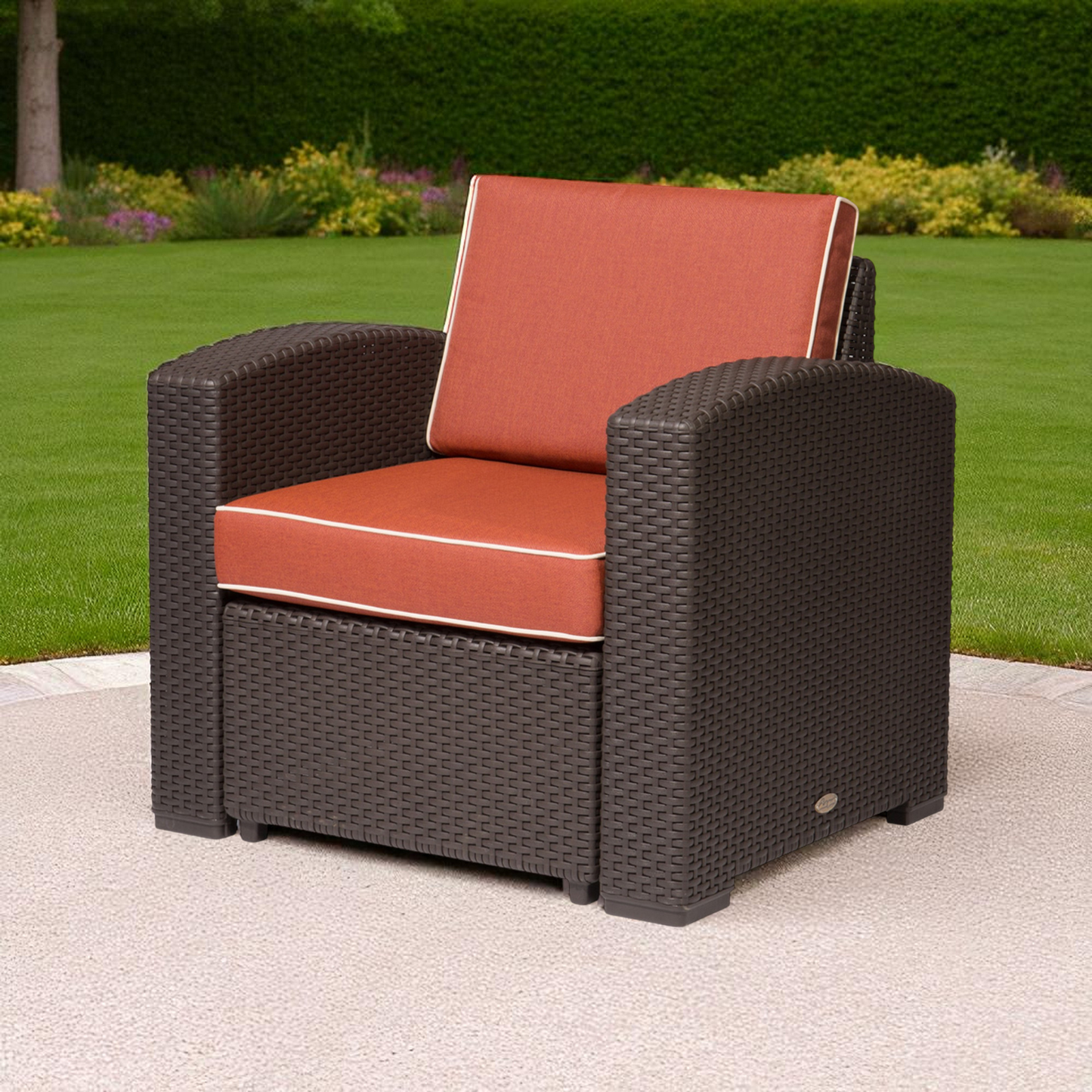 Heavy-Duty Plastic Outdoor Accent Chair with Red Cushion