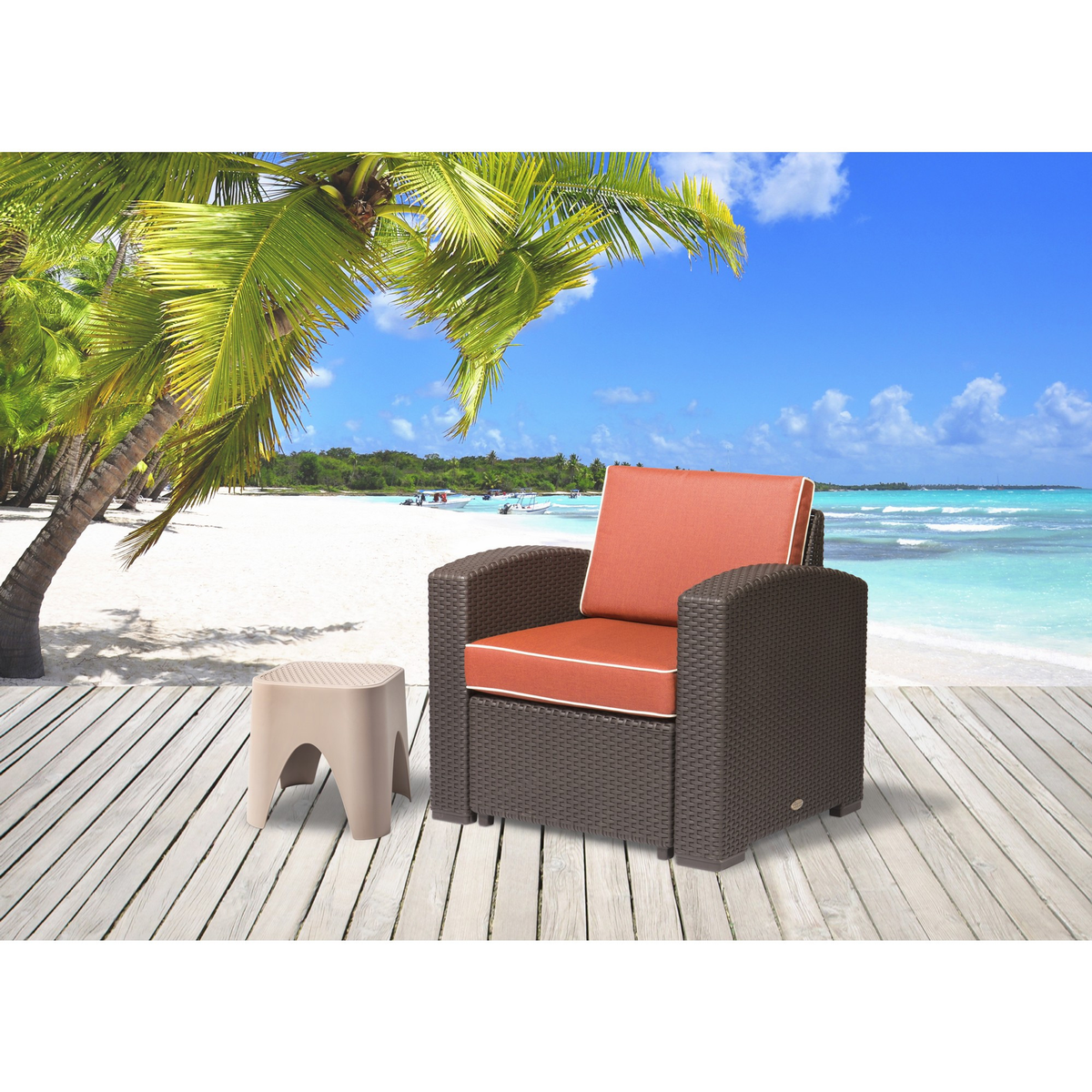 Heavy-Duty Plastic Outdoor Accent Chair with Red Cushion