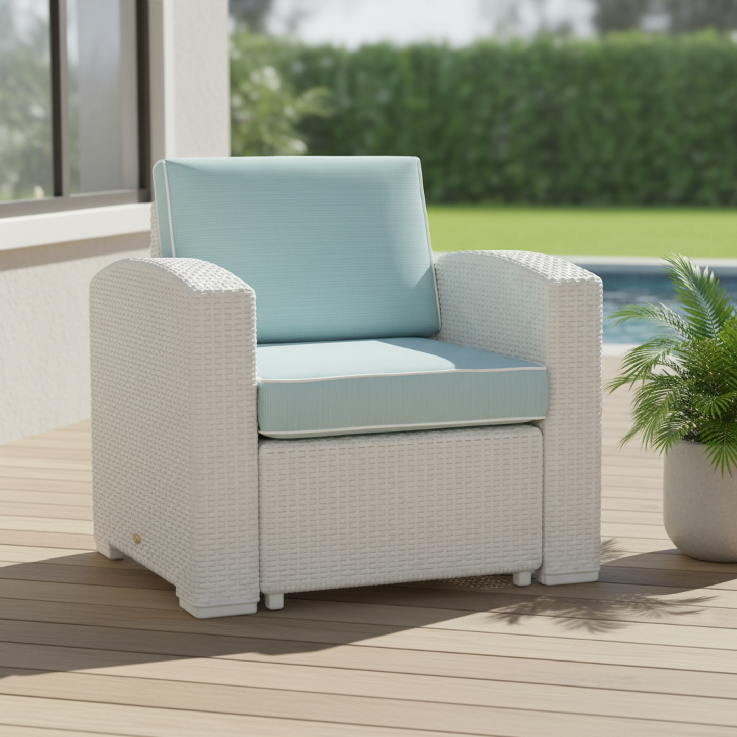Heavy-Duty Plastic Outdoor Club Chair with Aqua Blue Cushion