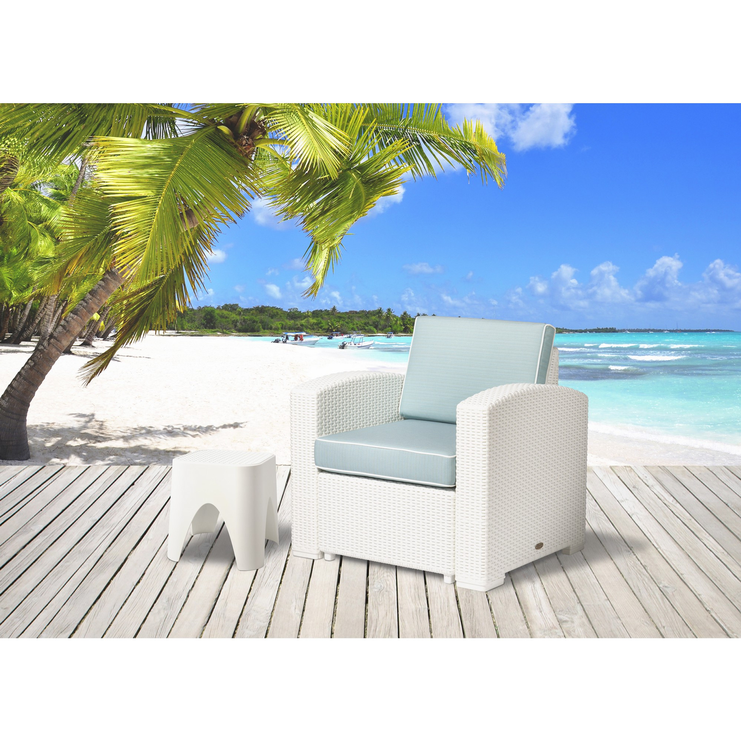 Heavy-Duty Plastic Outdoor Club Chair with Aqua Blue Cushion