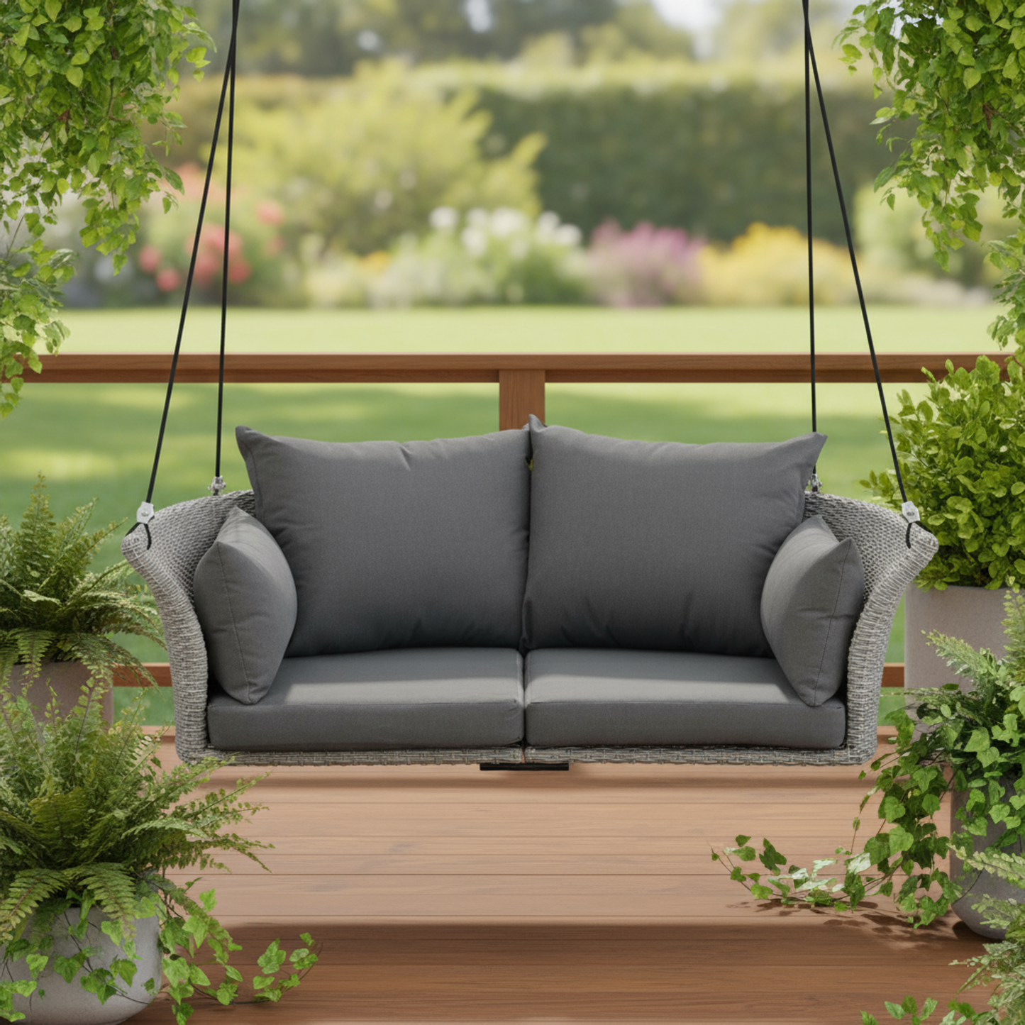 Woven Rattan Outdoor Swing Chair with Gray Cushion