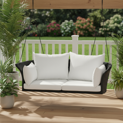 Woven Rattan Outdoor Swing Chair with White Cushion