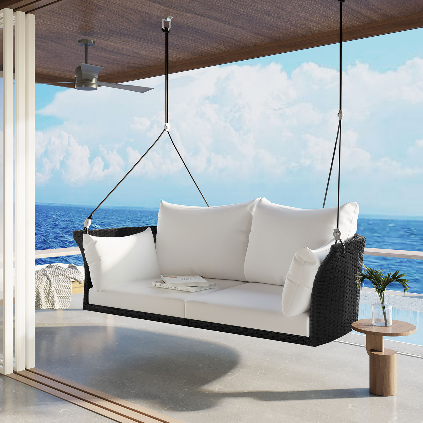 Woven Rattan Outdoor Swing Chair with White Cushion