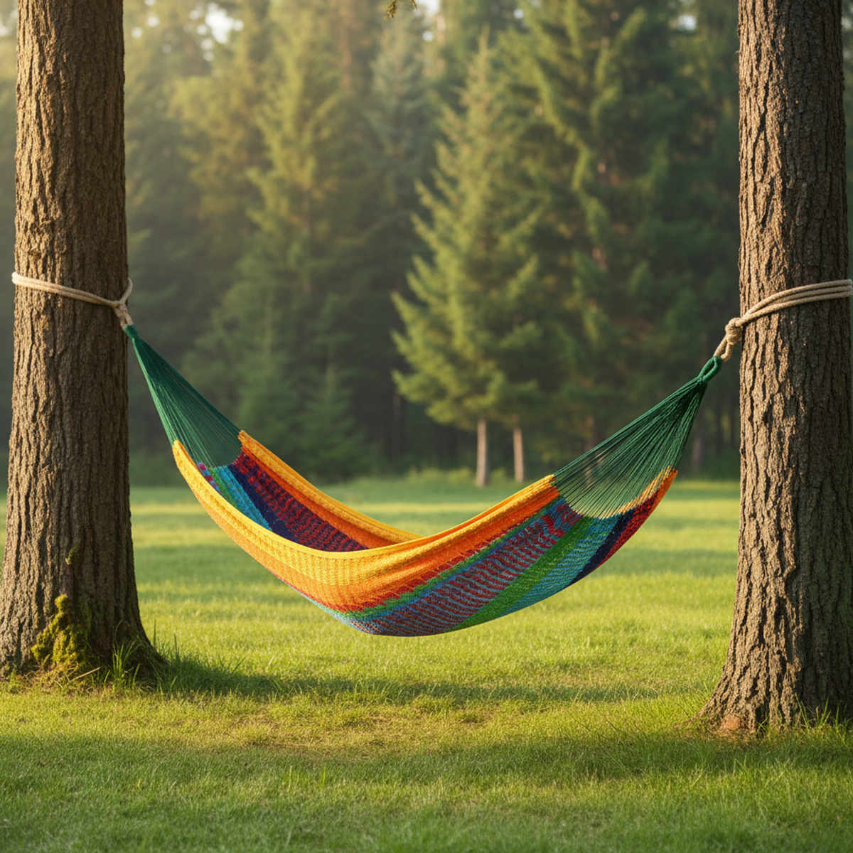 Handwoven Striped Double Hammock - Green, Red and Yellow