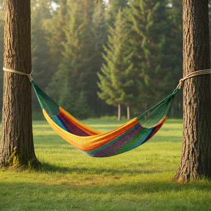 Handwoven Striped Double Hammock - Green, Red and Yellow