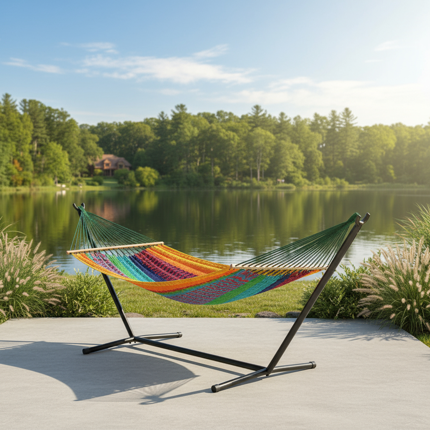 Handwoven Striped Double Hammock - Green, Red and Yellow