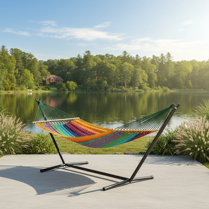 Handwoven Striped Double Hammock - Green, Red and Yellow