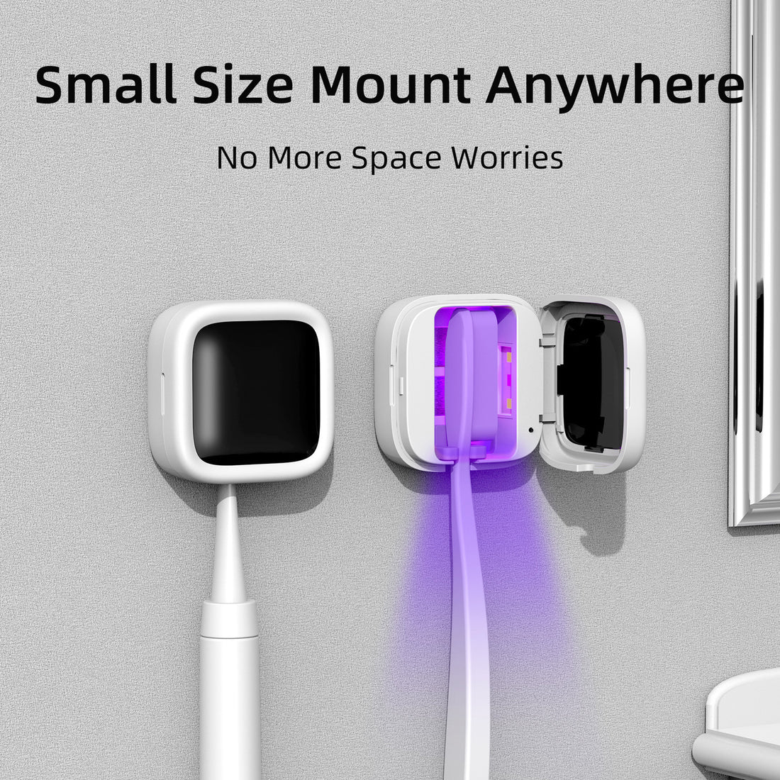 Wall-mounted square UV sterilizer with a toothbrush inside and a purple light