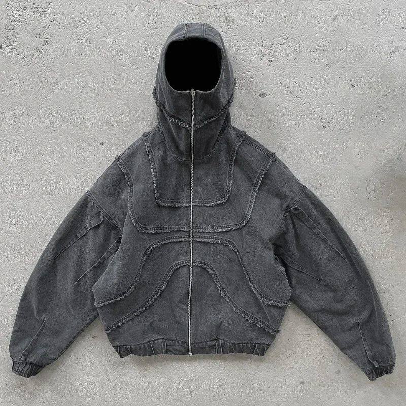 Black washed denim jacket with double zipper and flared oversized cut, photo 6