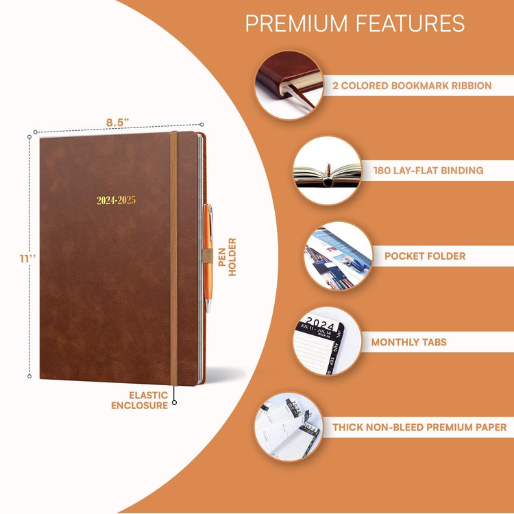 Hardcover leather planner, weekly layout pages