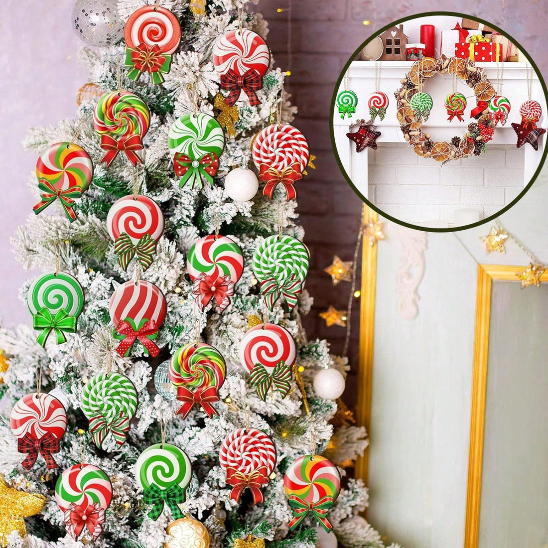 Christmas tree with peppermint candy ornaments and gifts