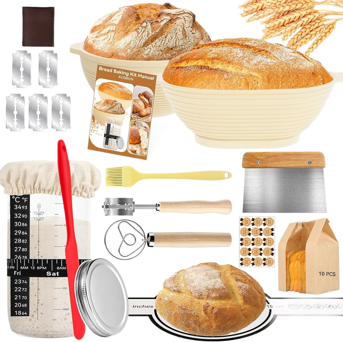 Silicone Bread Fermentation Basket Set, Household Baking Tools Including Scraper, Brush, Dough Beater, Fermentation Jar, Mold