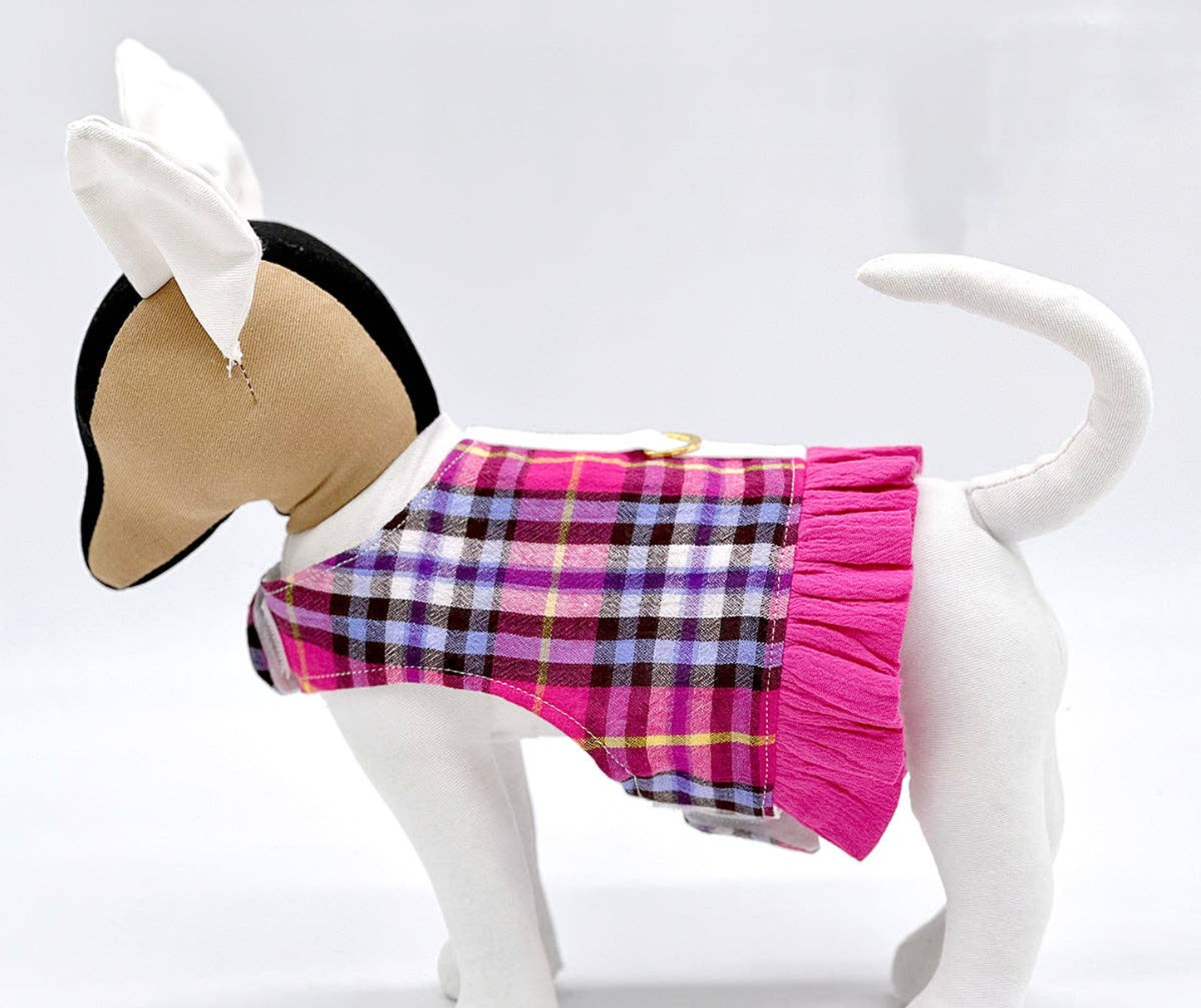 Pink Plaid Dog Harness Vest with Ruffle Trim