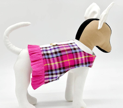 Pink Plaid Dog Harness Vest with Ruffle Trim