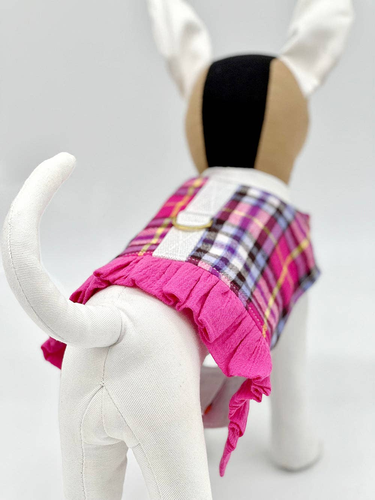 Pink Plaid Dog Harness Vest with Ruffle Trim