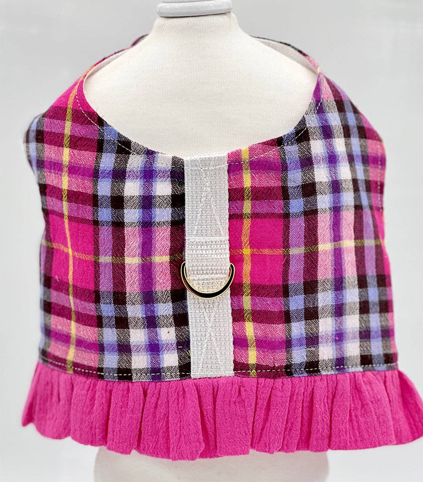 Pink Plaid Dog Harness Vest with Ruffle Trim