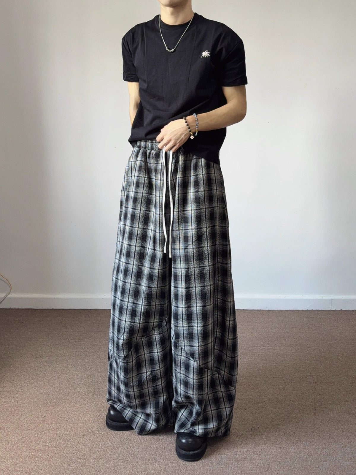 American Retro Loose Fit Plaid Trousers