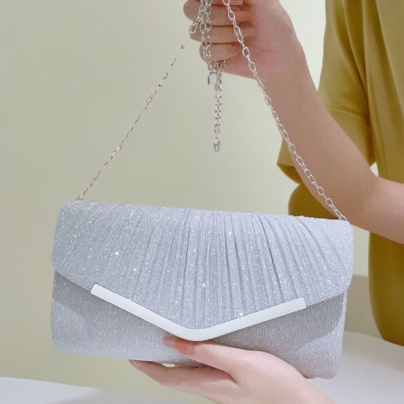 Women?s Shiny Pleated Large Capacity Handbag Evening Clutch Crossbody Bag