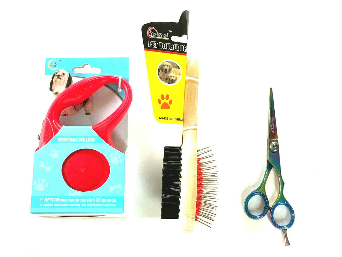 Dog Grooming Gift Set Retractable Leash Brush and Scissors