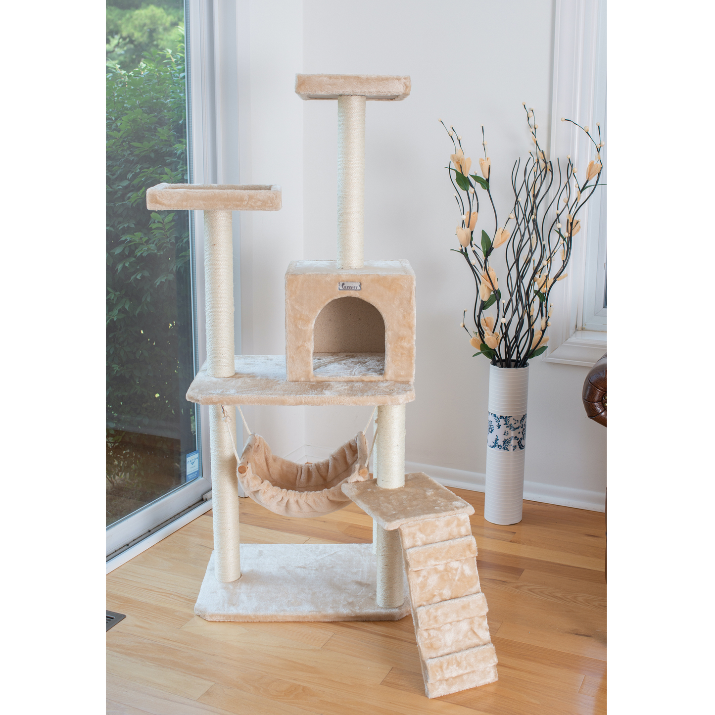 GleePet Real Wood 57-Inch Beige Cat Tree with Hammock