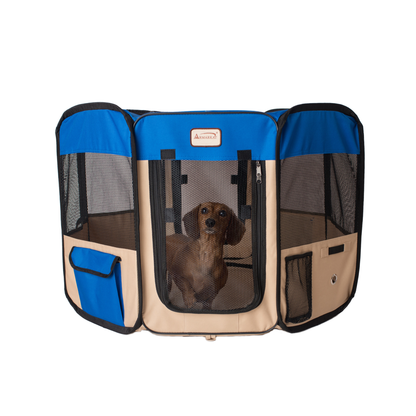 Armarkat Portable Pet Playpen, Blue and Beige, Medium