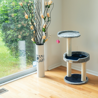 3-Level Real Wood Cat Scratcher with Plush Perch, Gray