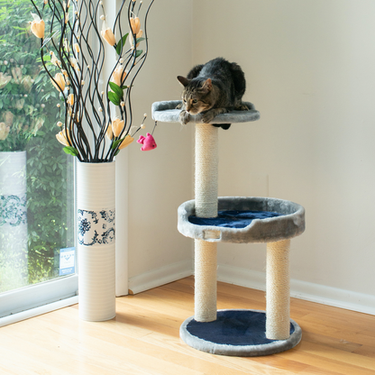 3-Level Real Wood Cat Scratcher with Plush Perch, Gray