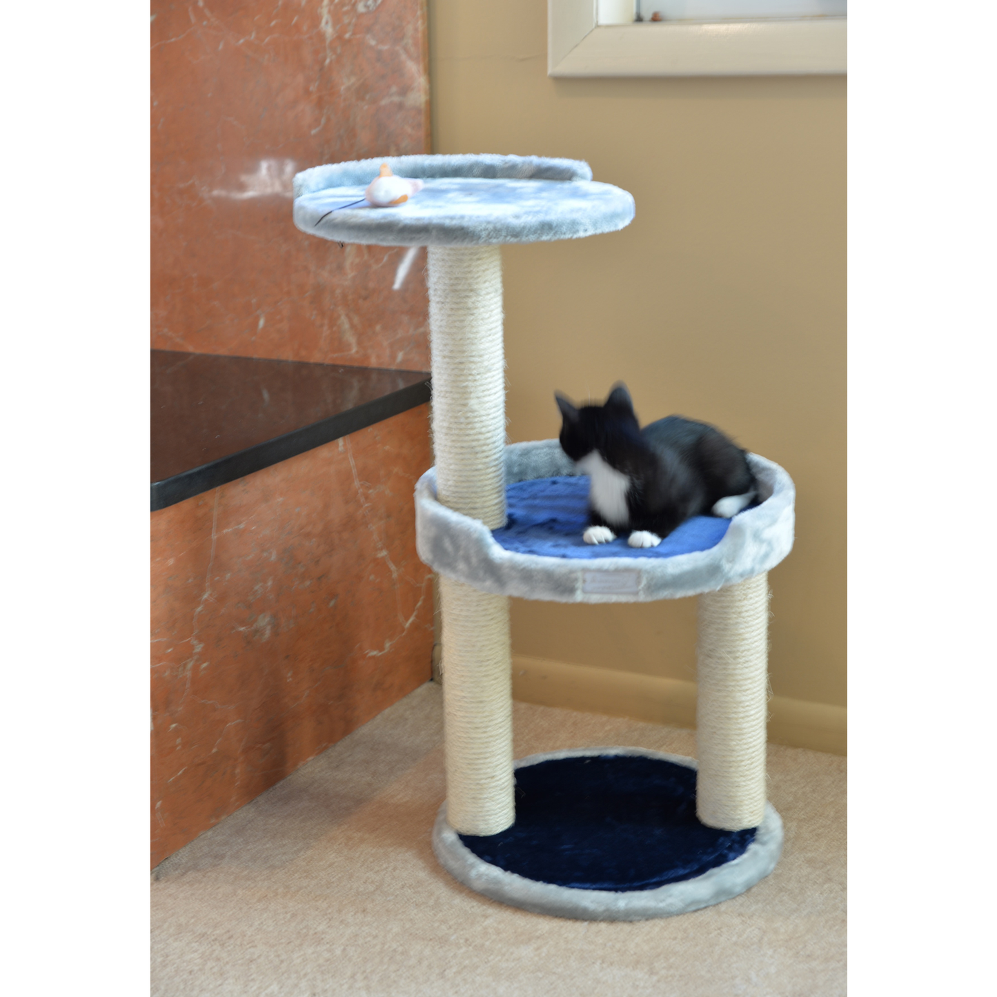 3-Level Real Wood Cat Scratcher with Plush Perch, Gray