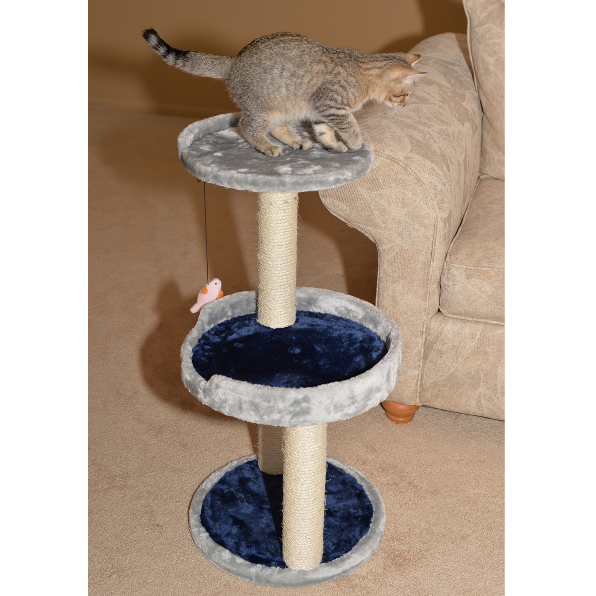 3-Level Real Wood Cat Scratcher with Plush Perch, Gray