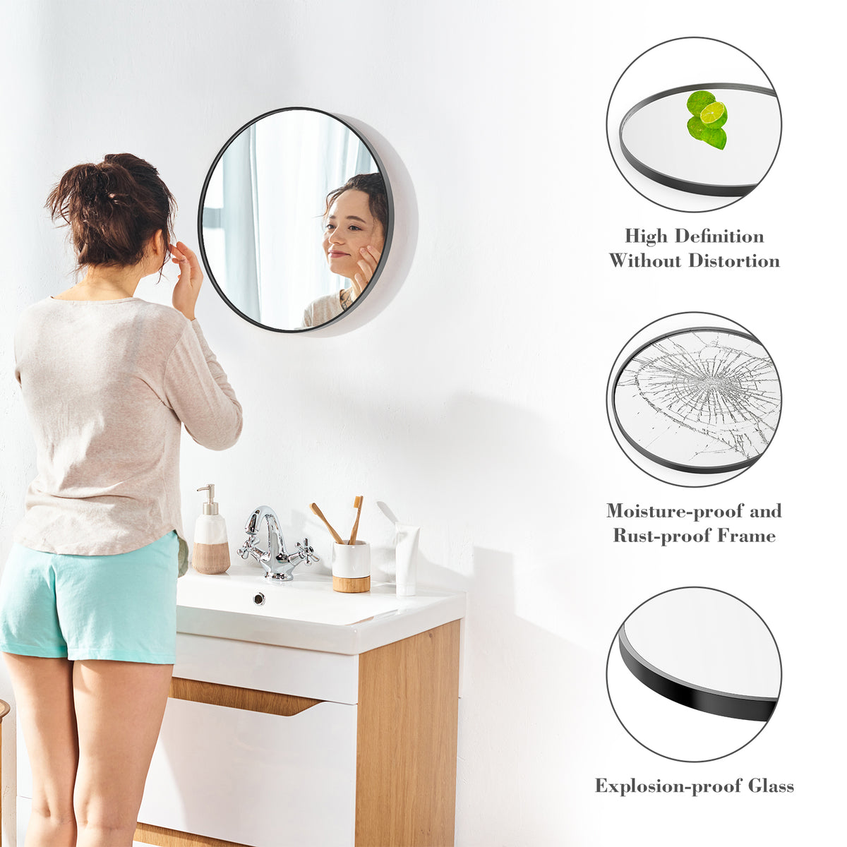 20 Inch Black Circular Wall Mirror for Home Decor
