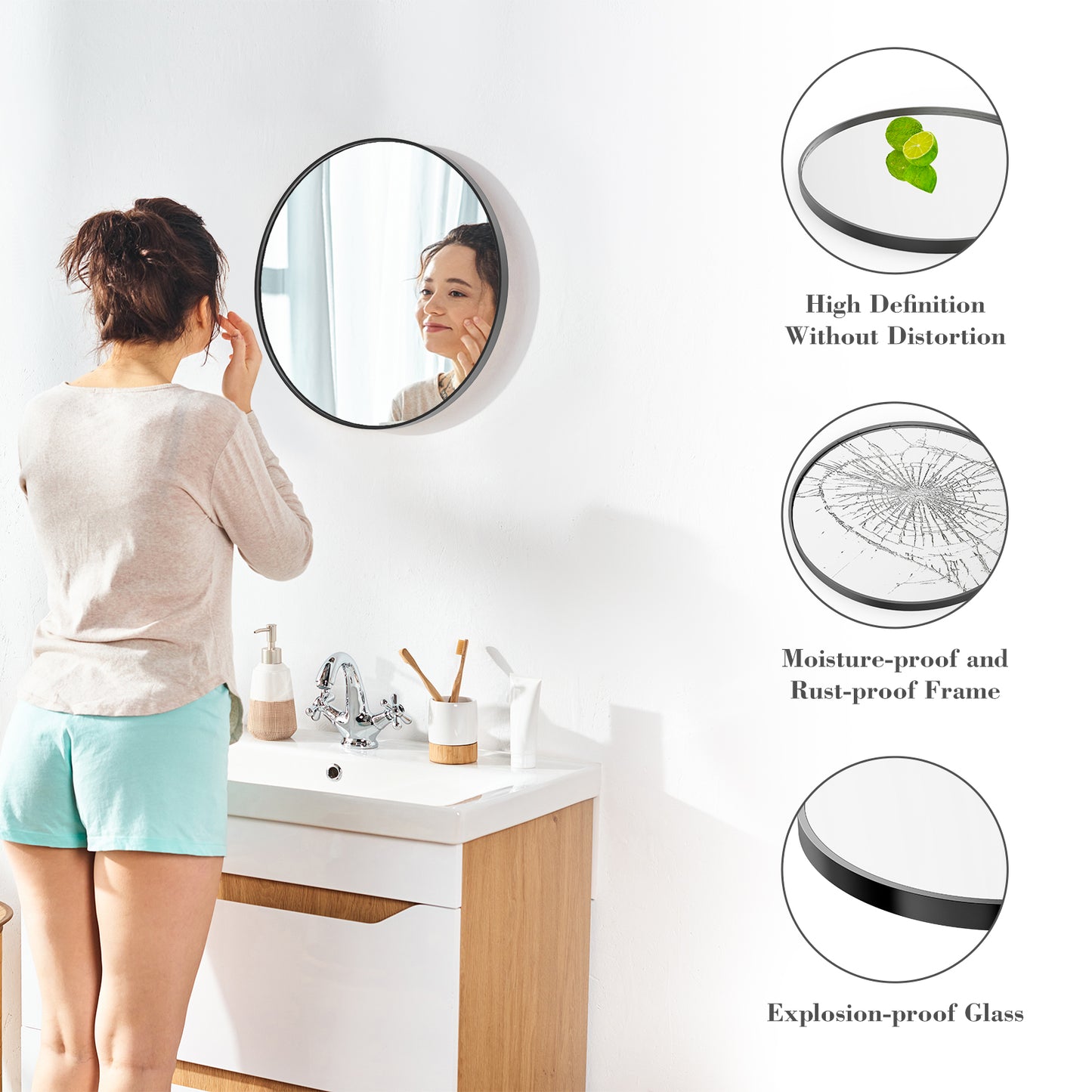 20 Inch Black Circular Wall Mirror for Home Decor