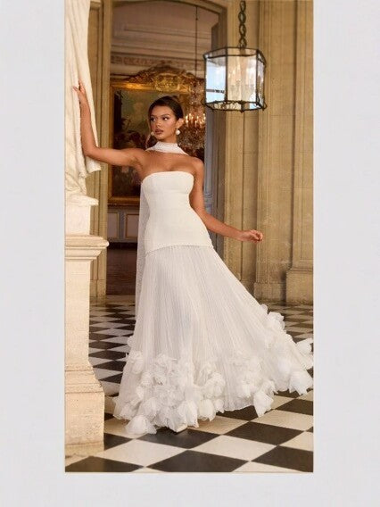 Strapless Petal Embellished Long Evening Dress with Train