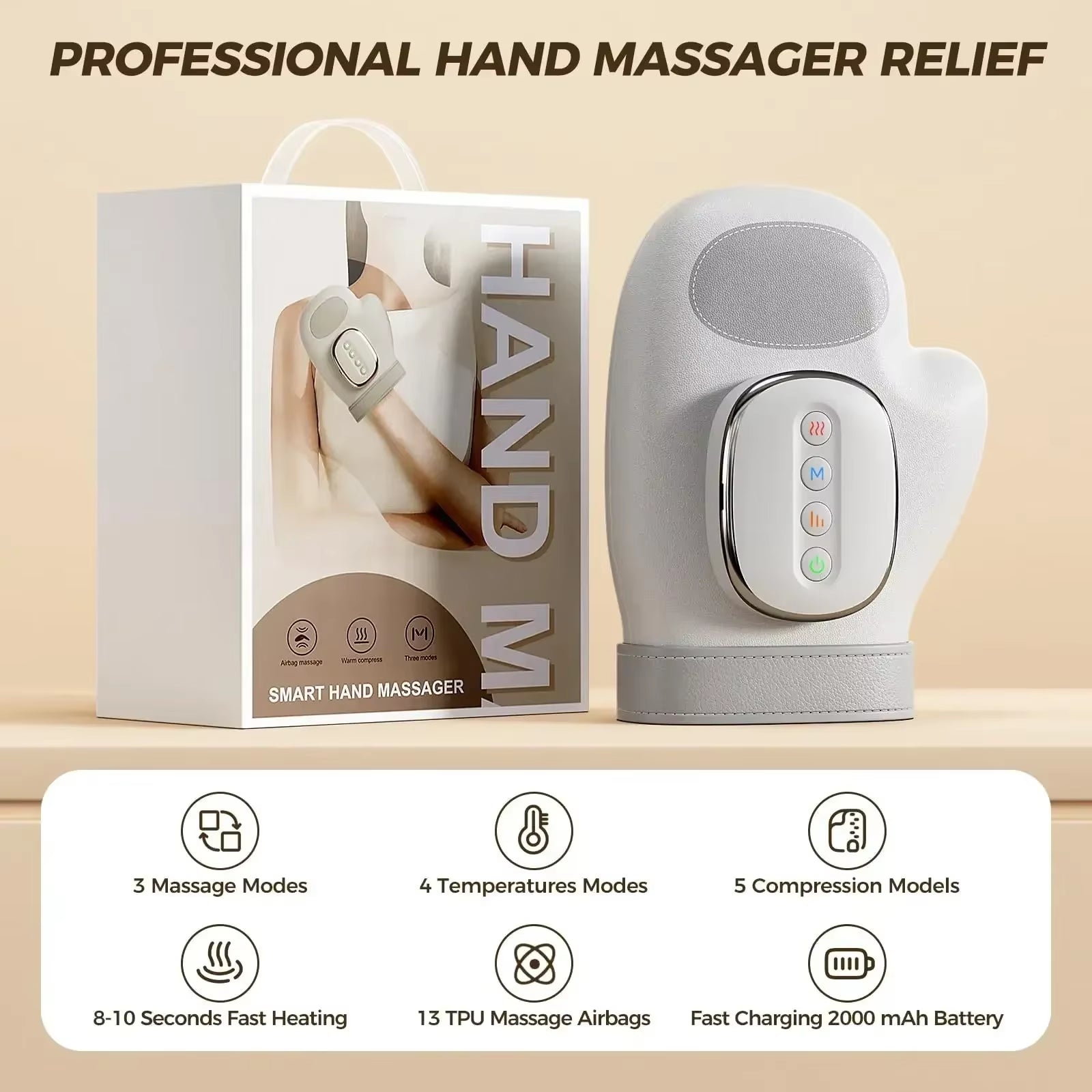 Hand Massager with Heat Compression Carpal Tunnel Wrist Finger Massagers Kneading Rollers Electric Portable Vibrating Gloves