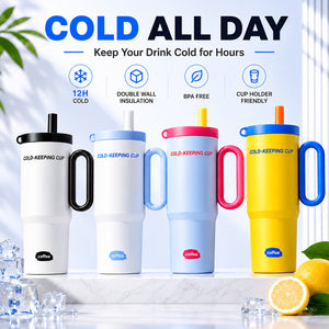 Four insulated tumblers in white, blue, pale blue and yellow with handles