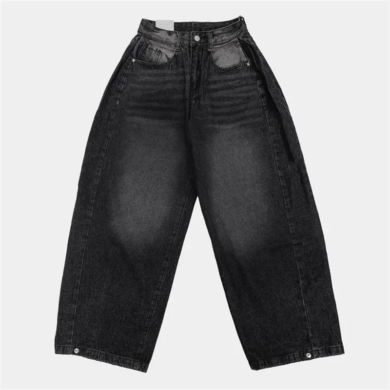 Women?s Retro Washed Wide-Leg Buttoned Hem Denim Jeans