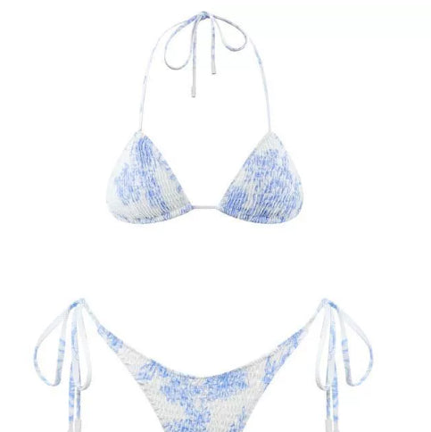 Pleated printed double-sided digital printed swimsuit with a new lace-up triangular bikini product image 1