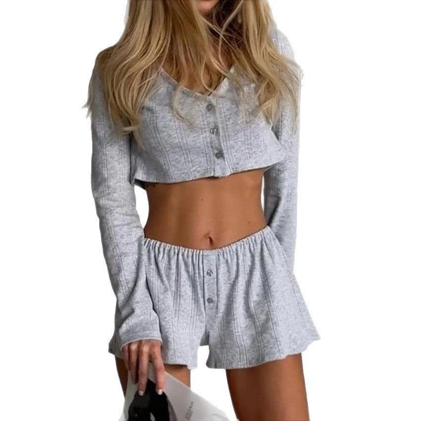 Grey cotton long sleeve V-neck top and shorts pajama set, photo 5