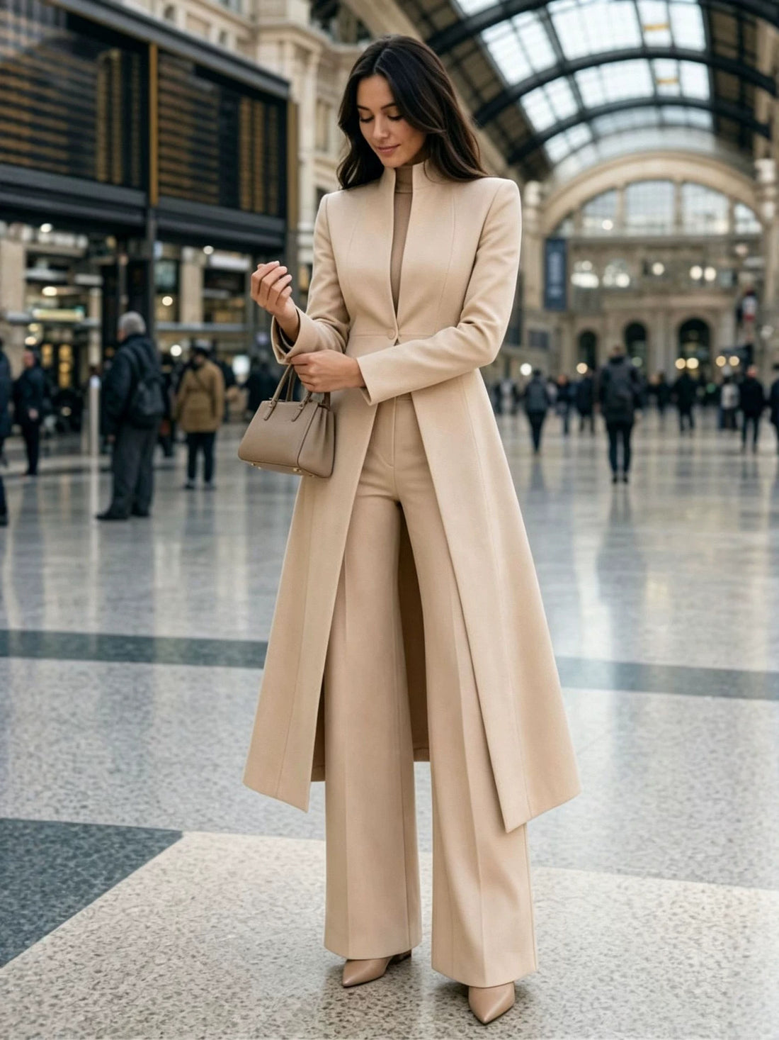 Elegant Waisted Coat and Wide-Leg Trousers Set