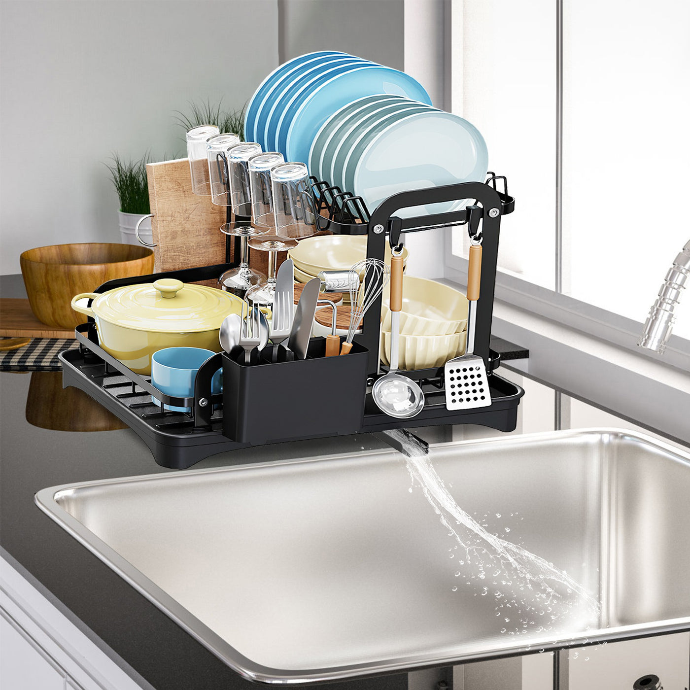 2 tier dish drying rack drainboard spout aligned to sink