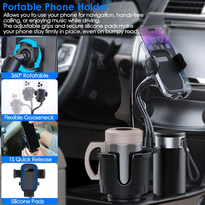 Cup holder mount with 360 degree gooseneck arm extended
