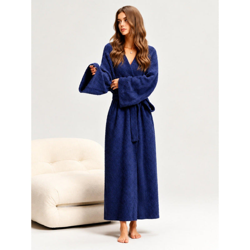 Extra-thick half-sided fleece bathrobe with belt, open front, photo 2