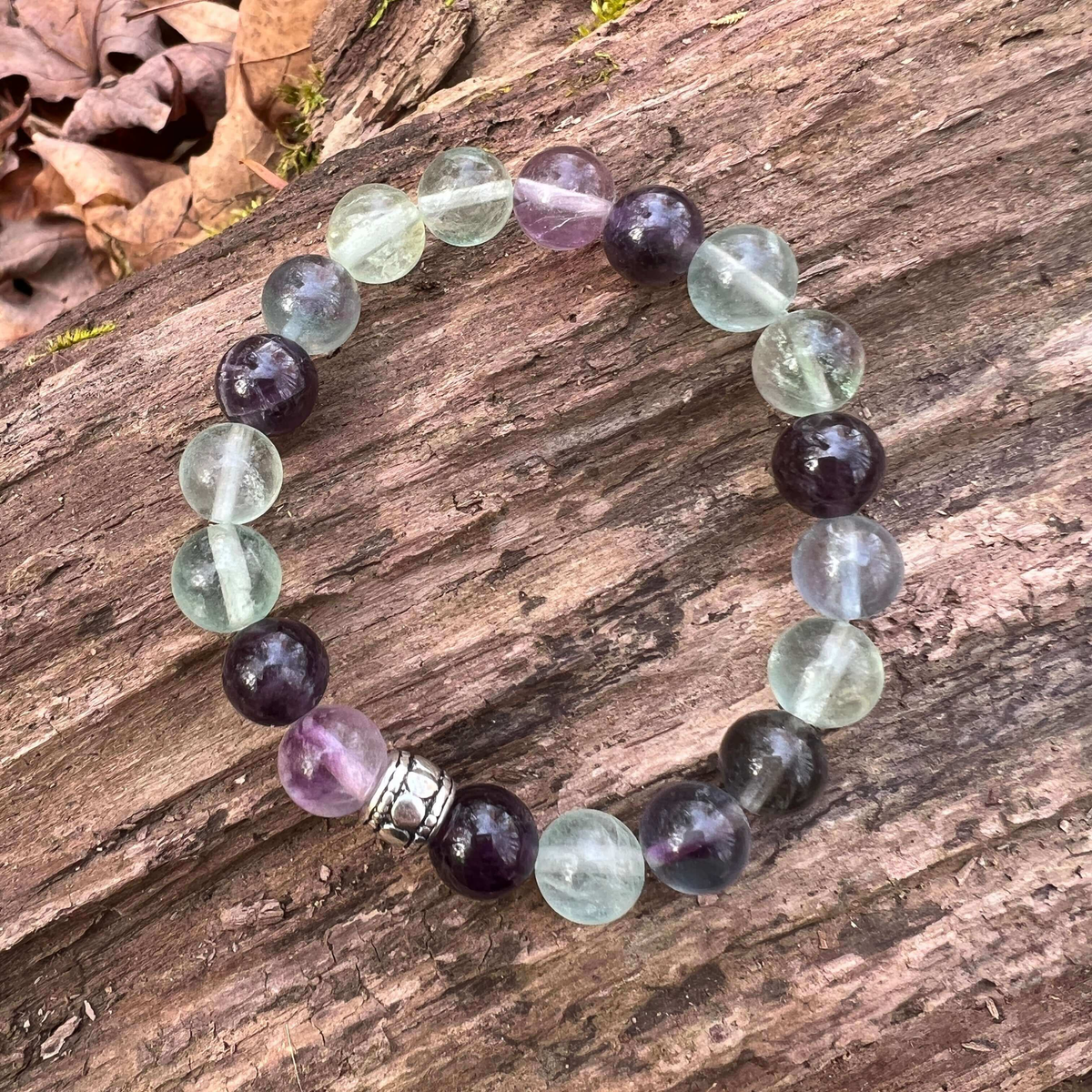 Fluorite and Amethyst Beaded Bracelet, 8mm beads
