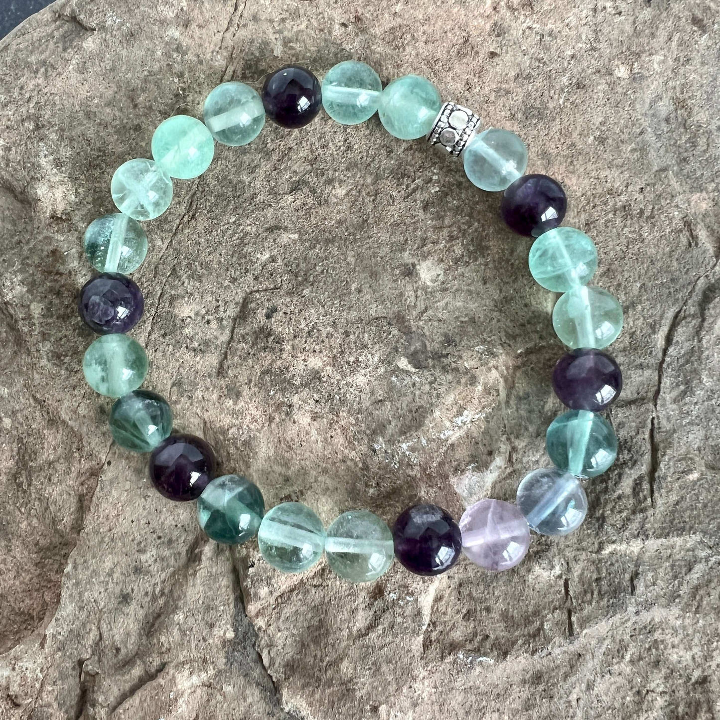 Fluorite and Amethyst Beaded Bracelet, 8mm beads